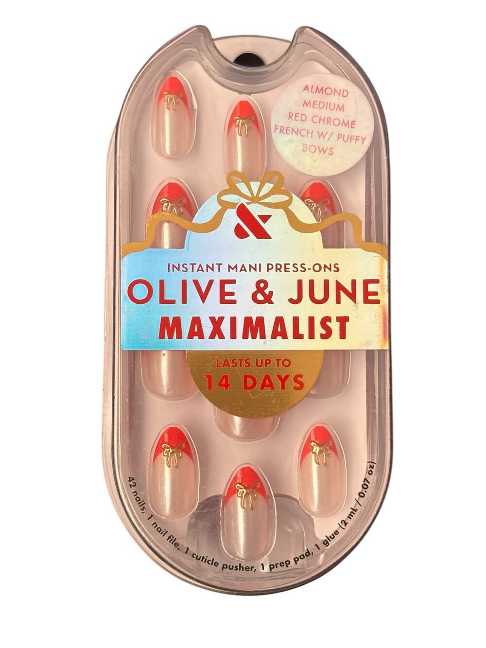 Olive & June Press‑On Nails –Maximalist Red Chrome-French w/ Bows-Almond-Med